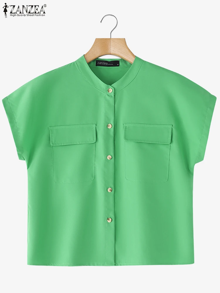 ZANZEA Summer Shirts Women Short Seeve Fashion Tops 2025 Casual Loose O-Neck Buttons Pullovers Solid Fashion OL Work Tunic