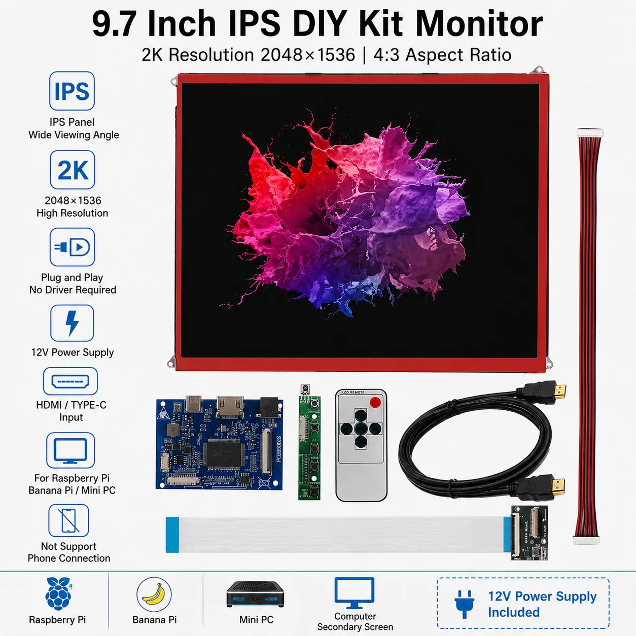 9,7-Zoll 4:3 2K HD LCD-Bildschirm DIY-Treiberplatinen-Kit, 2048 x 1536, HDMI-kompatibles PC-Hilfsdisplay/Unterbildschirm für Raspberry Pi