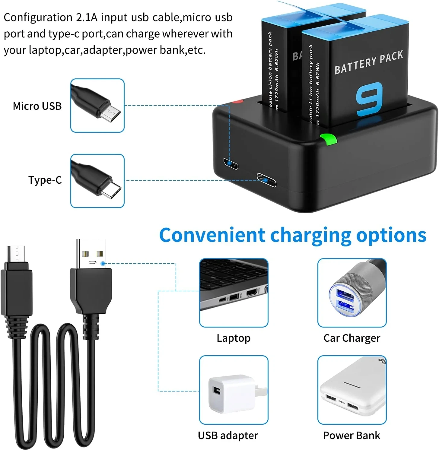 HONGDAK Dual Port Slot Double Battery Charger For Gopro Go Pro Hero 11 10 9 Black with USB Cable Action Camera Accessory