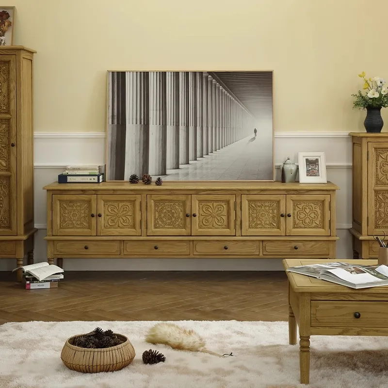 Retro Pastoral Solid Wood Carved Media Control Console, Oak Homestay Living Room Long Floor Cabinet for Nordic Style Storage