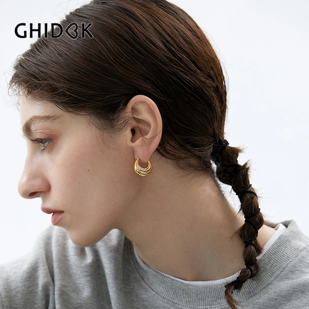 GHIDBK Fashion Chic Solid Gold Plated Chunky Thick Small Hoop Earrings Women Triple Layer Textured Moon Shape Huggie Earring