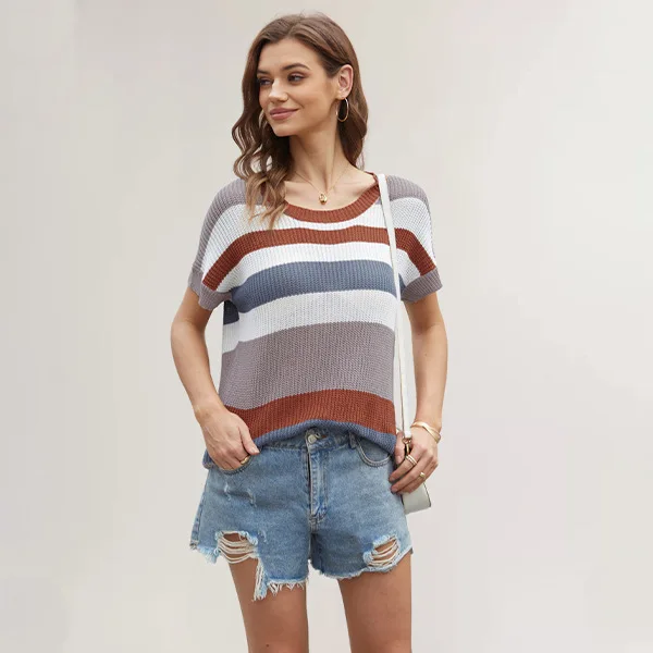 Temu Loose Patchwork Striped T-shirt Casual Pullover Women's Short Sleeved Knitted Sweater