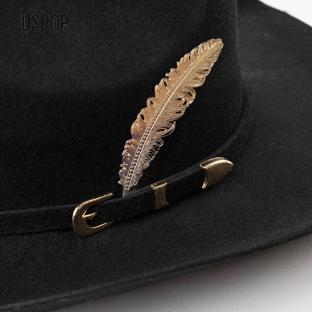 قبعة رعاة البقر من الصوف للجنسين من USPOP مع ربطة عنق على شكل أوراق شجر معدنية على الطراز الغربي بحافة واسعة في الهواء الطلق مقاسات M-XL #6
