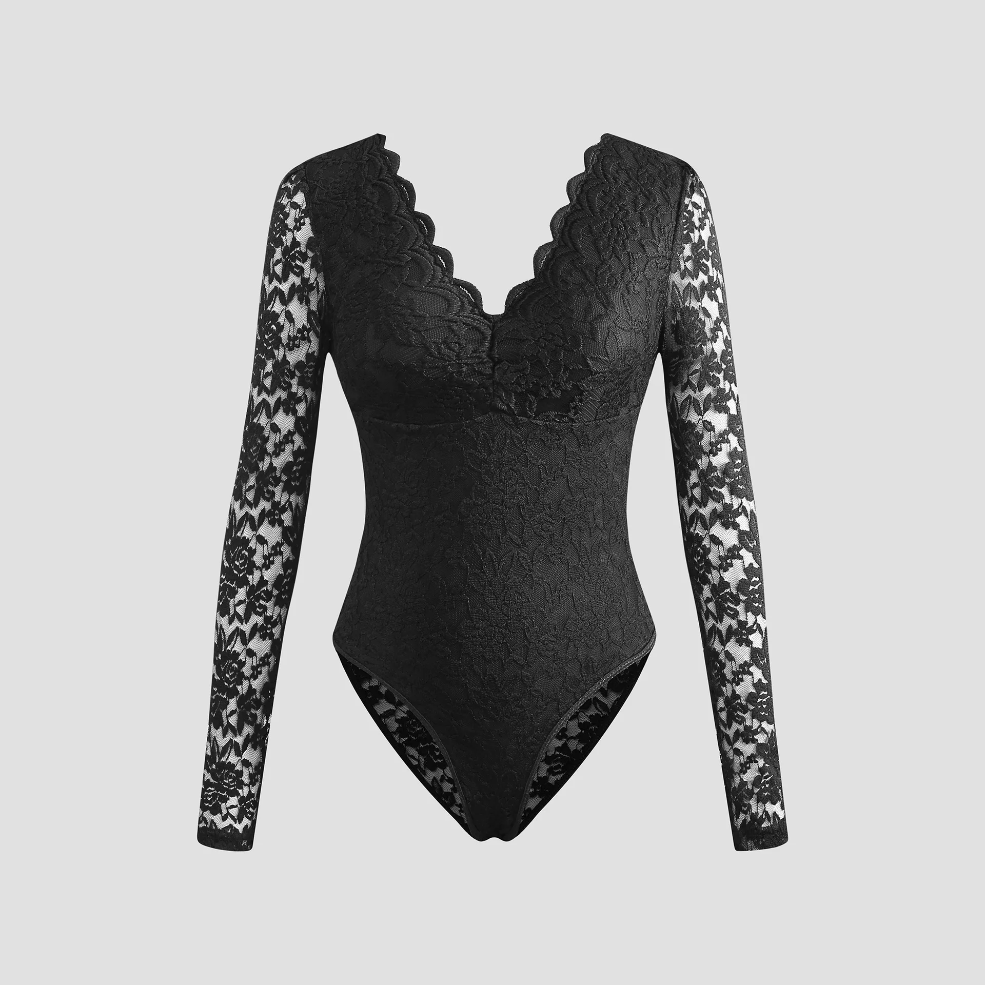 Sexy solid color lace long sleeved see through slim fitting jumpsuit