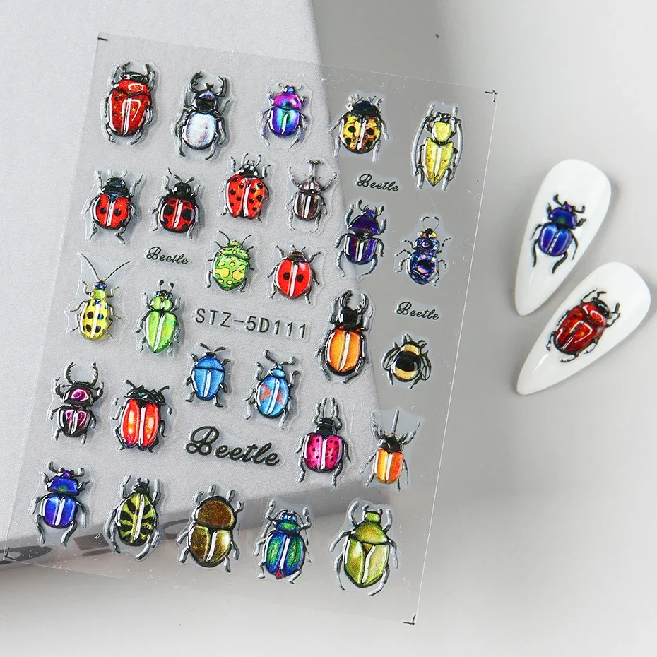 5D Beetle Bug Nail Art Sticker Decals Ladybug Glowworm Longicorn Jelly Nail Art Decorations Acrylic Adhesive Gel Slider Manicure