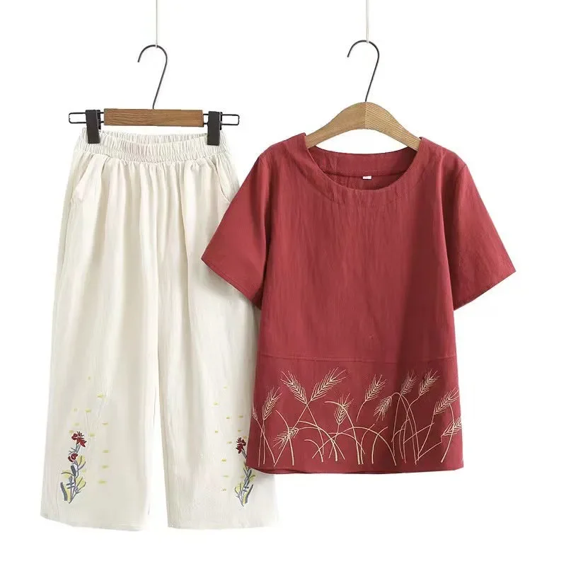 

Womens Cotton Linen Two Piece Set Embroidered Short Sleeve Top And Pants For Mothers