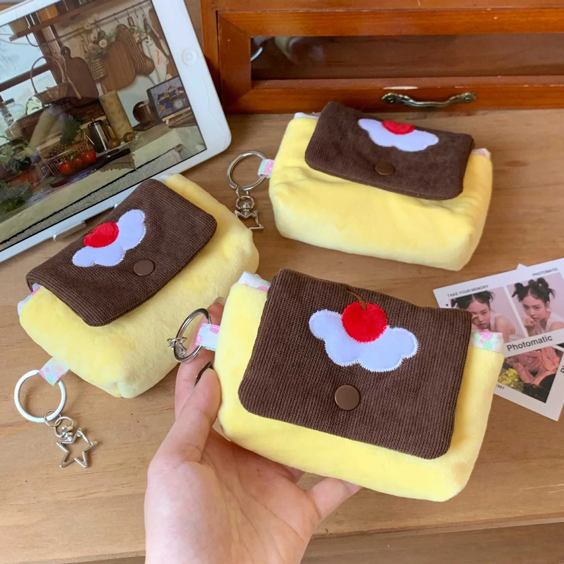Multifunctional Small Pouch for Girls Cute Cherry Pudding Plush Coin Purse Mini Cartoon Portable Wallet for Cards Earphones Case