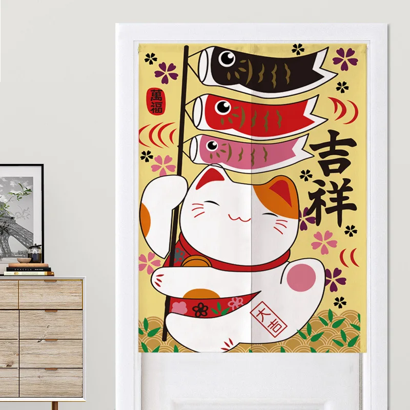 Japanese Style Maneki Neko Noren Door Curtain Lucky Fortune Cat Fabric Partition Curtain for Kitchen Bedroom Bathroom Home Decor