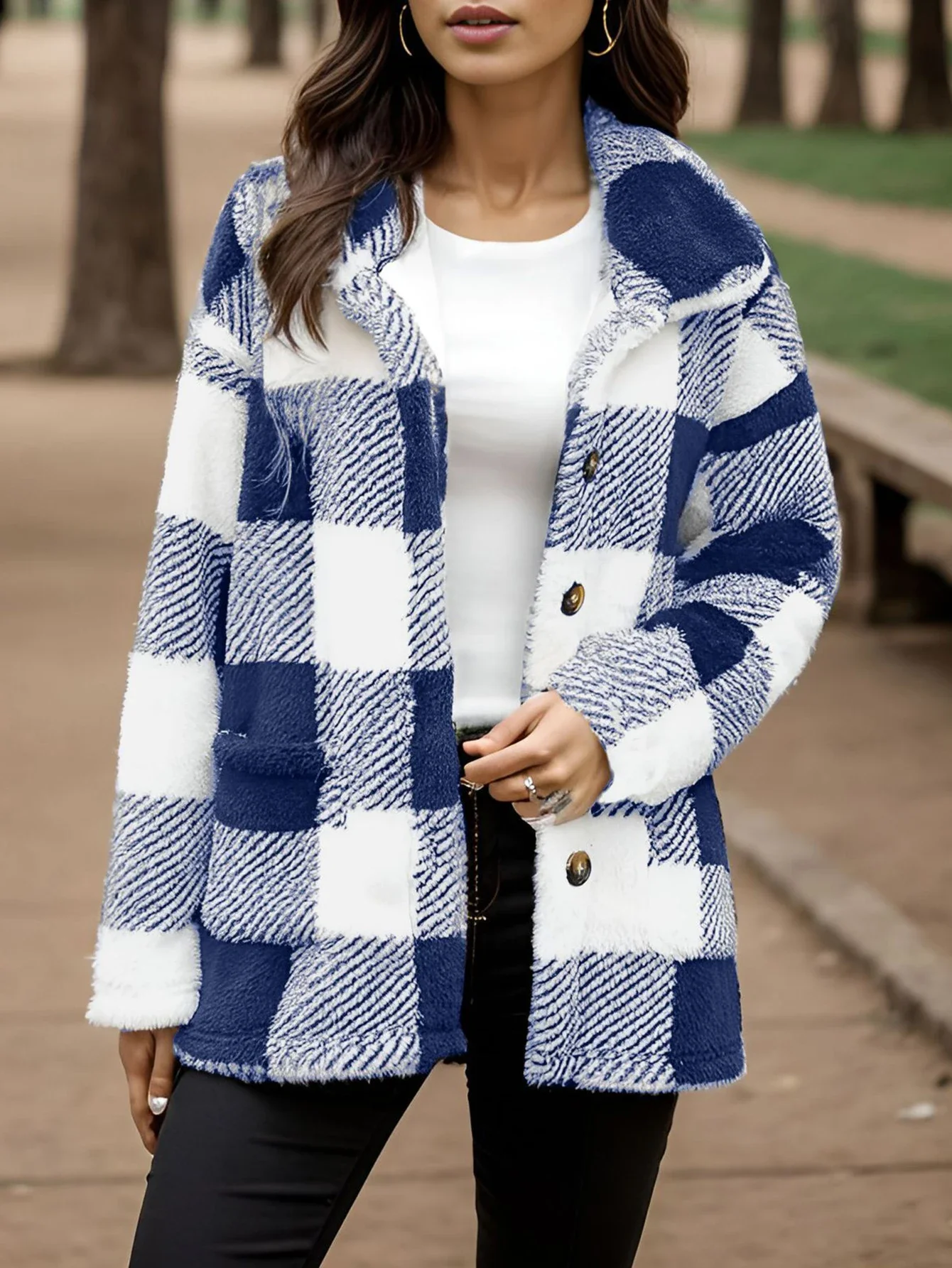 

Women's Coats Winter Fashion Comfortable 2025 Plaid Plush Chic Shirt Collar Long Sleeve Street Daily Jackets