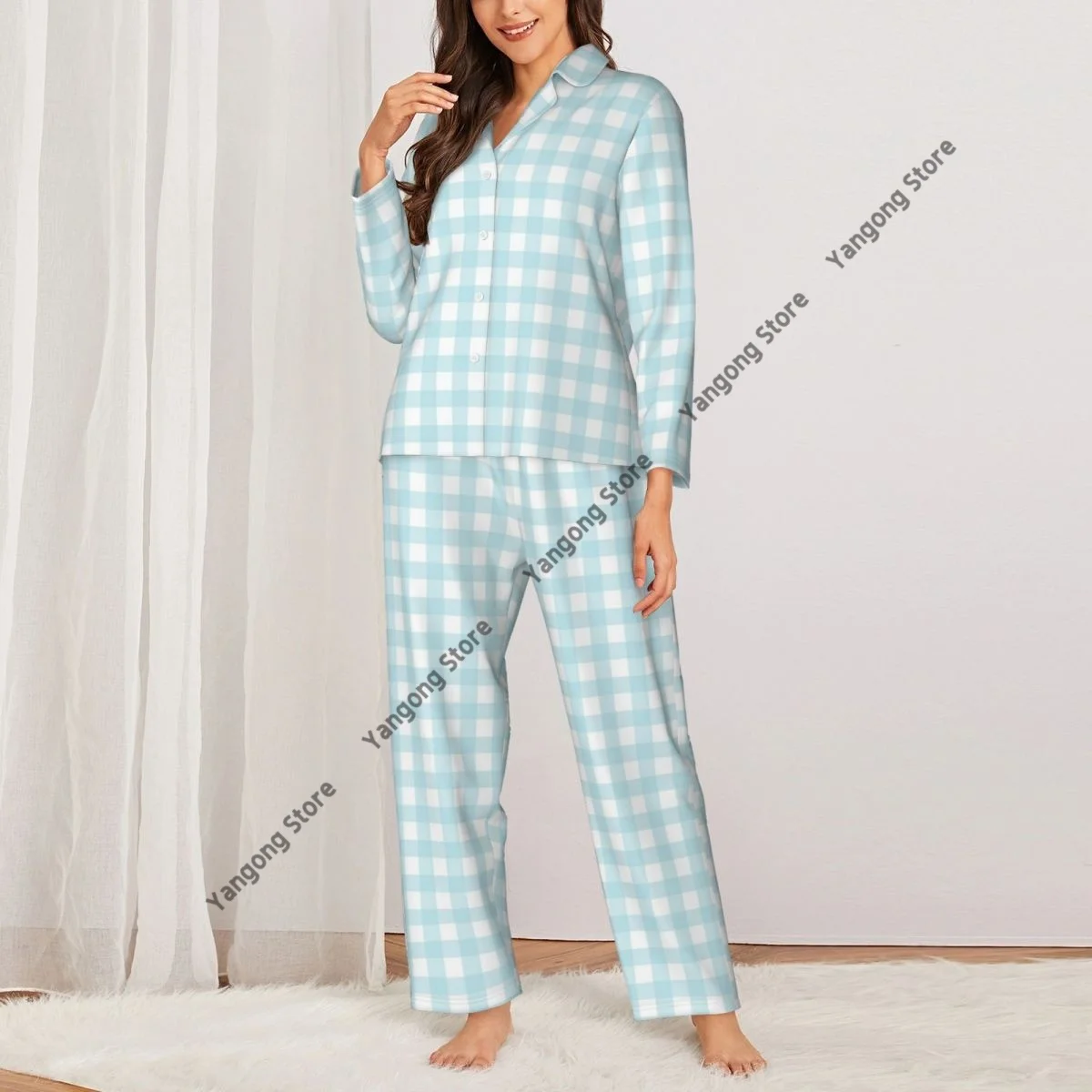 Women's Pajamas Long-sleeved Girl Loungewear Two-piece Set Check Plaid Blue And White Pajamas for Autumn Spring