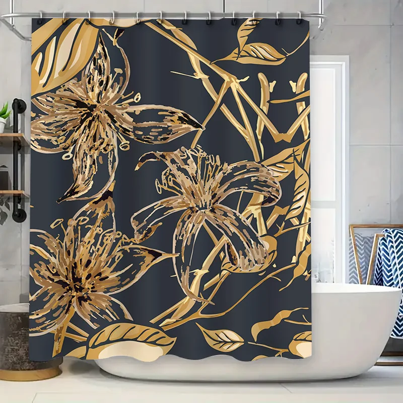 

Luxury Gold Floral Shower Curtain Dark Blue Modern Waterproof Bathroom Decor Home Decoration Extra Long 72 x 84 Inch with Plasti