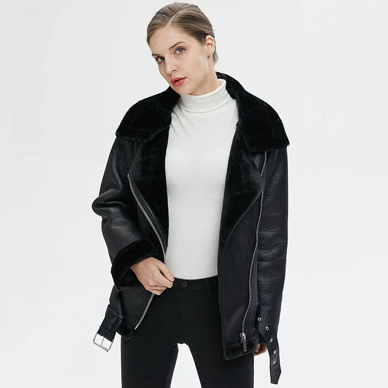 Thickened Warm Faux Leather Fleece Coat Women 2025 New High-end Simple Solid Casual Winter Motorcycle Jacket with Belt