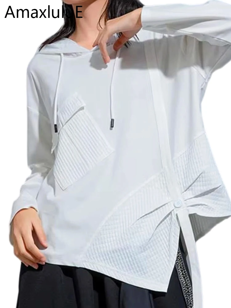 Amax luluE 2024 Koreańska Jesienna Moda Ubrania Damskie Luksusowe Bluzy z Kapturem Luźne Koszulki Damskie Klasyczne Codzienne Topy Luksusowy Punk Streetwear