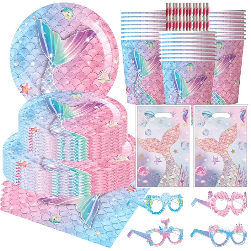 Mermaid Birthday Party Decorations Theme Tableware Set Hanging Banner Gift Bags Tablecloth Backdrop Party Decorations For Kids