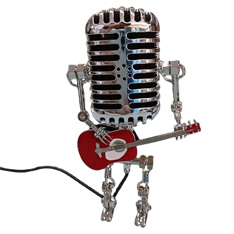 ABSE-Microphone Lamp - Lamp Head Vintage Metal Microphone Robot Desk Lamp Retro Style Household Ornaments Durable Red & Silver