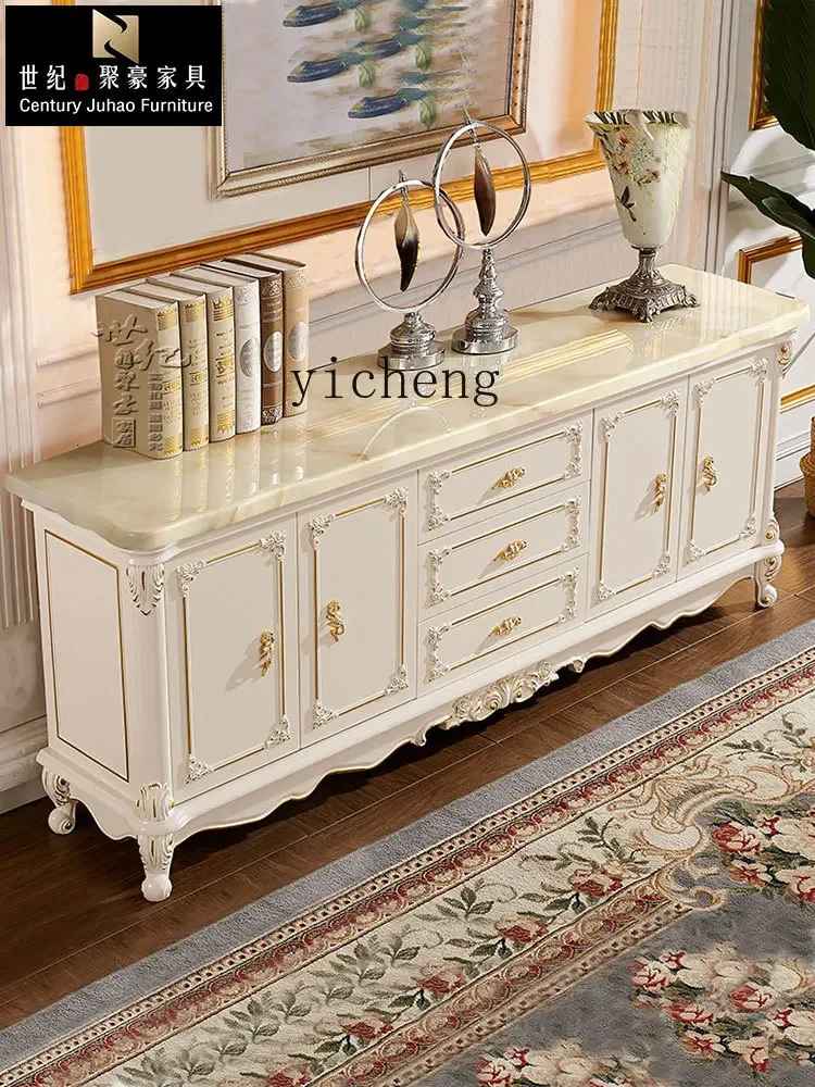 TQH dining side cabinet marble surface long cupboard solid wood carving flower entrance cabinet sofa partition cabinet