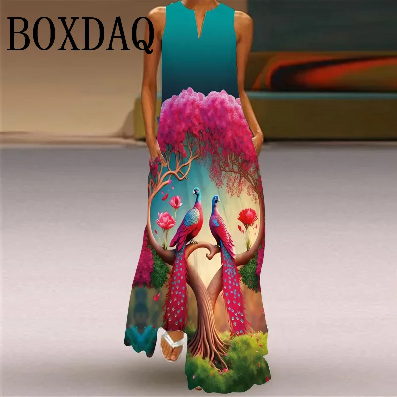 New Elegant Peacocks 3D Print Vintage Dress For Women's Sleeveless Pockets Long Dress Vestidos Summer Spring Ladies Maxi Dresses