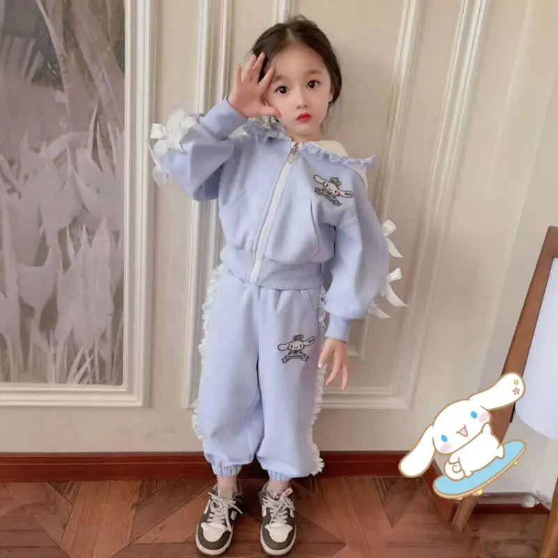 Cinnamoroll Girls Kawaii Hooded Sanrios Spring Autumn New Cartoon Anime Embroidery Long Sleeve Trousers Set Soft Cotton Fashion
