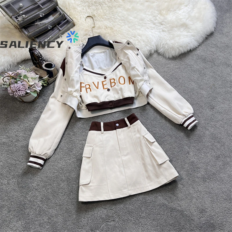 Spring Autumn Color Collision Long-sleeved Baseball Uniform Short Jacket + Camisole + A-line Skirt 3 Piece Set Female JK Outfits