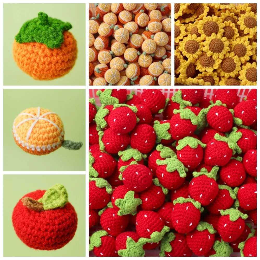 Cute Cartoon Wool Cute Fruit Orange Sunflower Knitted Strawberry Fruits Strawberry Wool Crochet Hand Knitted Strawberry Ornament