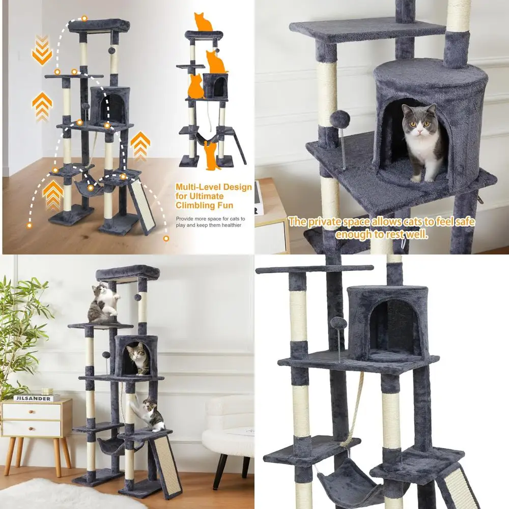 

65 High Multi-Level Grey Cat Tower with Sisal Scratching, Condo, Hammock, and Dangling Ball