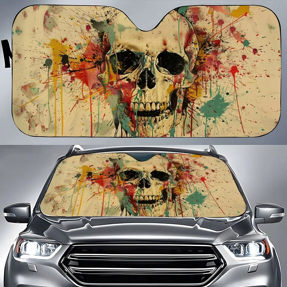 Colorful Splattered Skull Head Car Windshield Sunshade,Auto Accessories Front Windshield Sun Visor Block Uv Rays Protect Decor