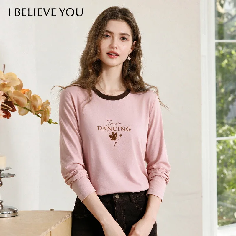 I BELIEVE YOU Women's Long Sleeve T-shirt 2026 Autumn Pink Flocking Print O-neck Tees Slim Basic Elegant Cotton Top 2263016486