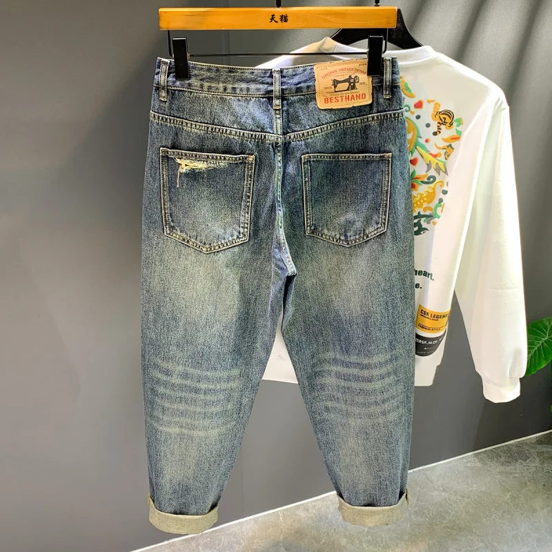 High street retro spring and autumn new style ripped blue jeans men's loose straight tube nostalgic patch printed pants