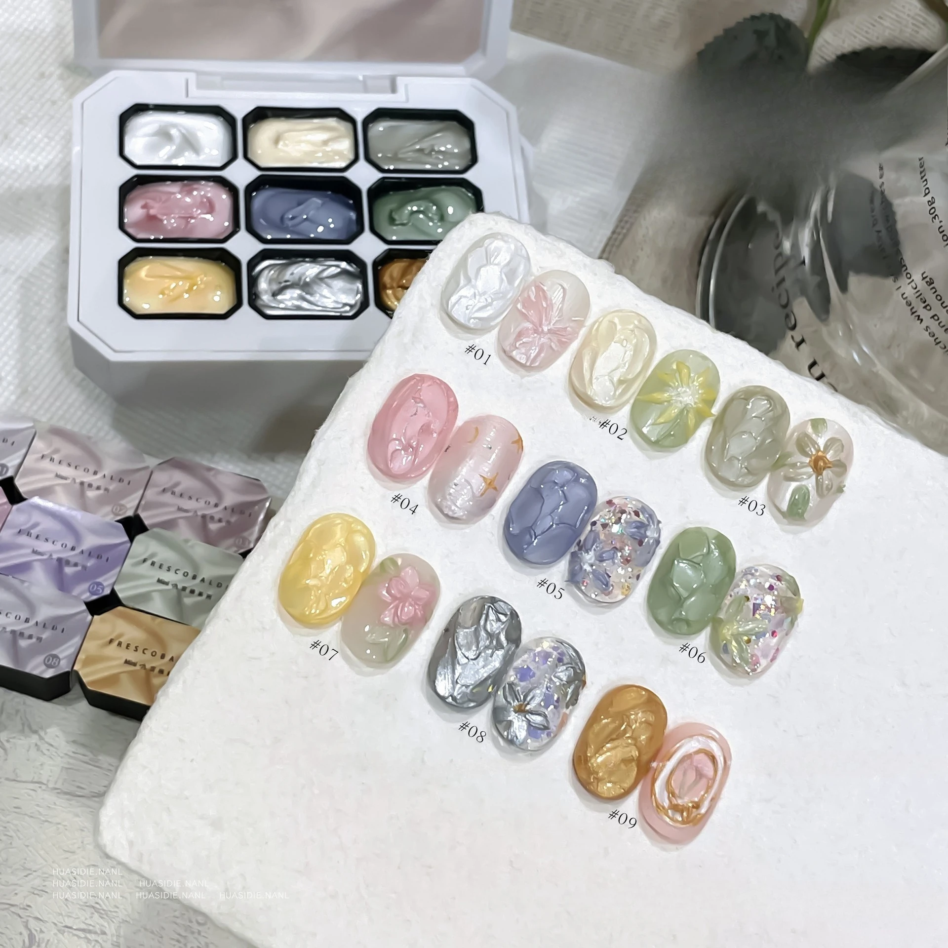 2.5gx9Color Satin Pearl Oil Painting Gel Polish Fairy Powder Cream Popularity Brocade Powder Solid State Solid Nail Art Manicure