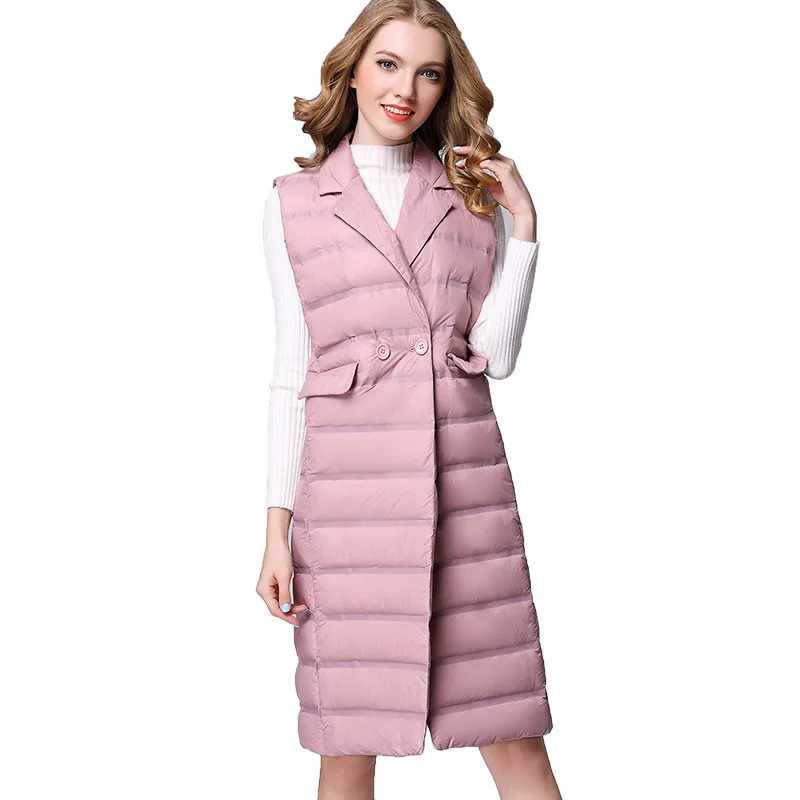 

Autumn Winter Suit Collar Down Waistcoat Women Light Thin White Duck Down Vest Coat Parkas Female Long Sleeveless Tank Jacket