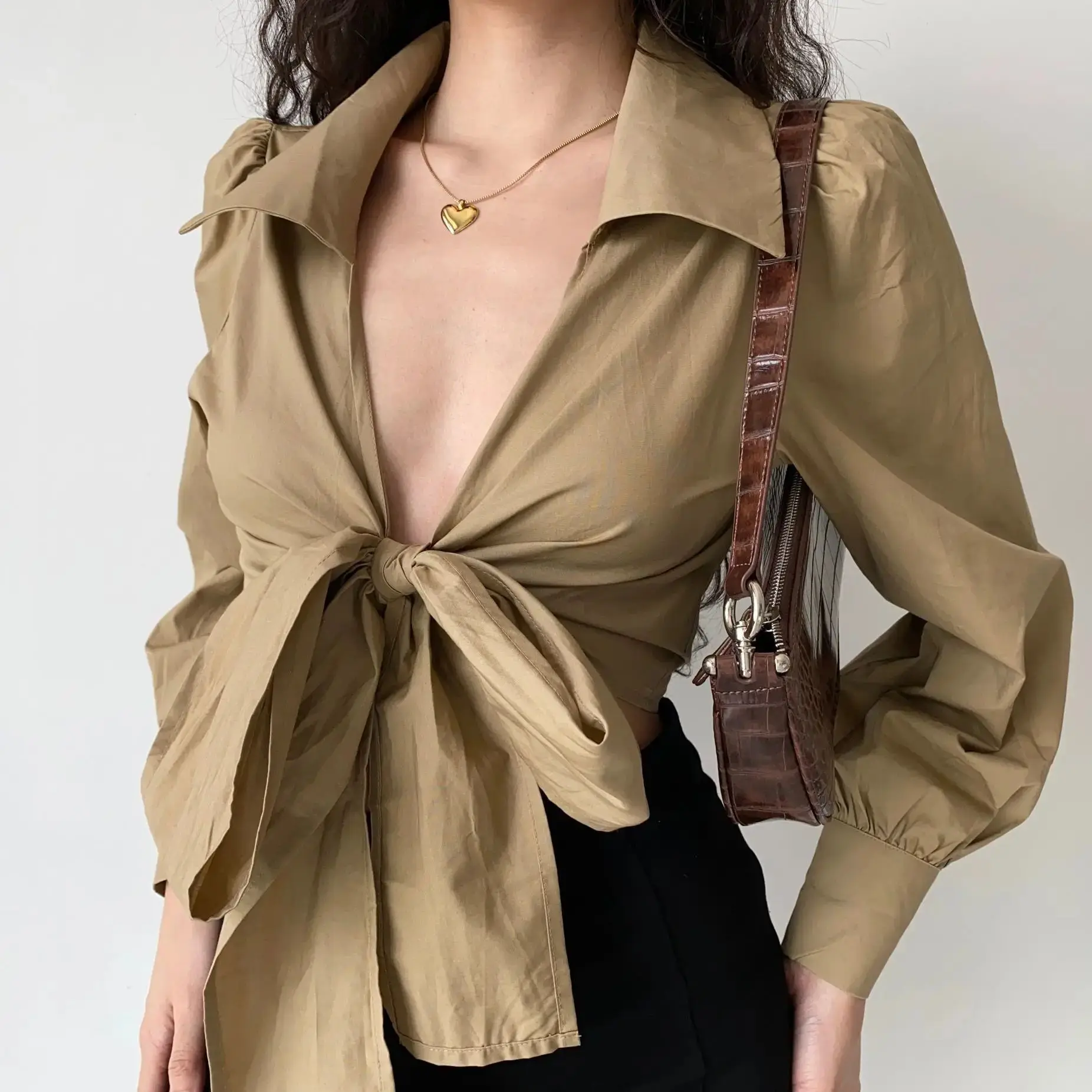 Sexy Lace-Up Shirt Irregular Solid Color V-Neck Long-Sleeved Women Clothing Simple Fashion Bow Slim Fit Women Top T-Shirt