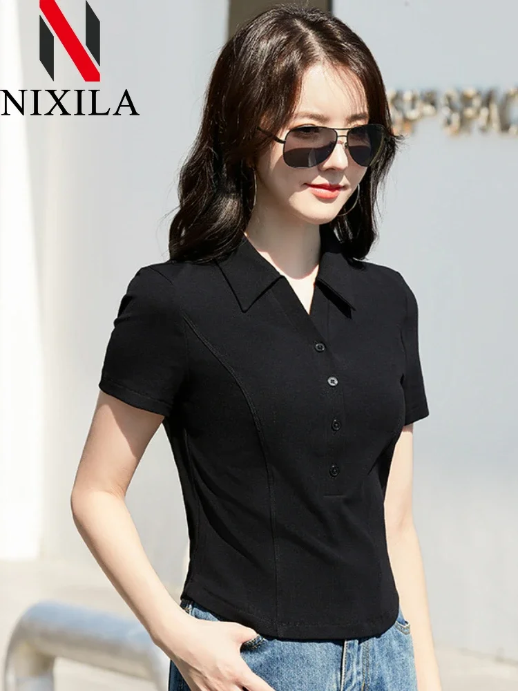 Summer Short Style Polo Shirts Women Korean Version Slim Fit Short Sleeved Top Fashion Elegant T-shirts Retro Female Clothing