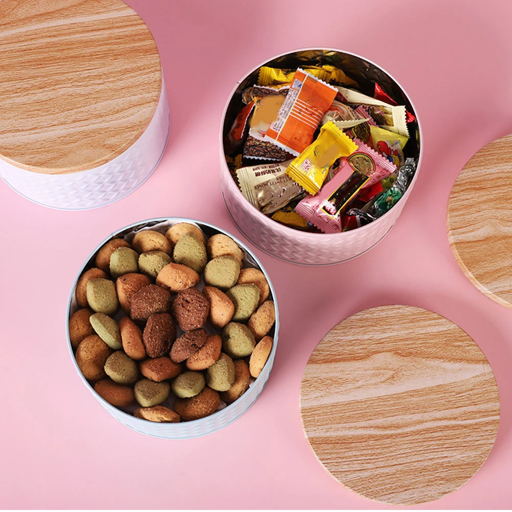 

Pink Round Iron Snacks Storage Box Large Thickened Iron Dessert Cookie Candy Box with Wood Grain Lid for Kids Gifts Home