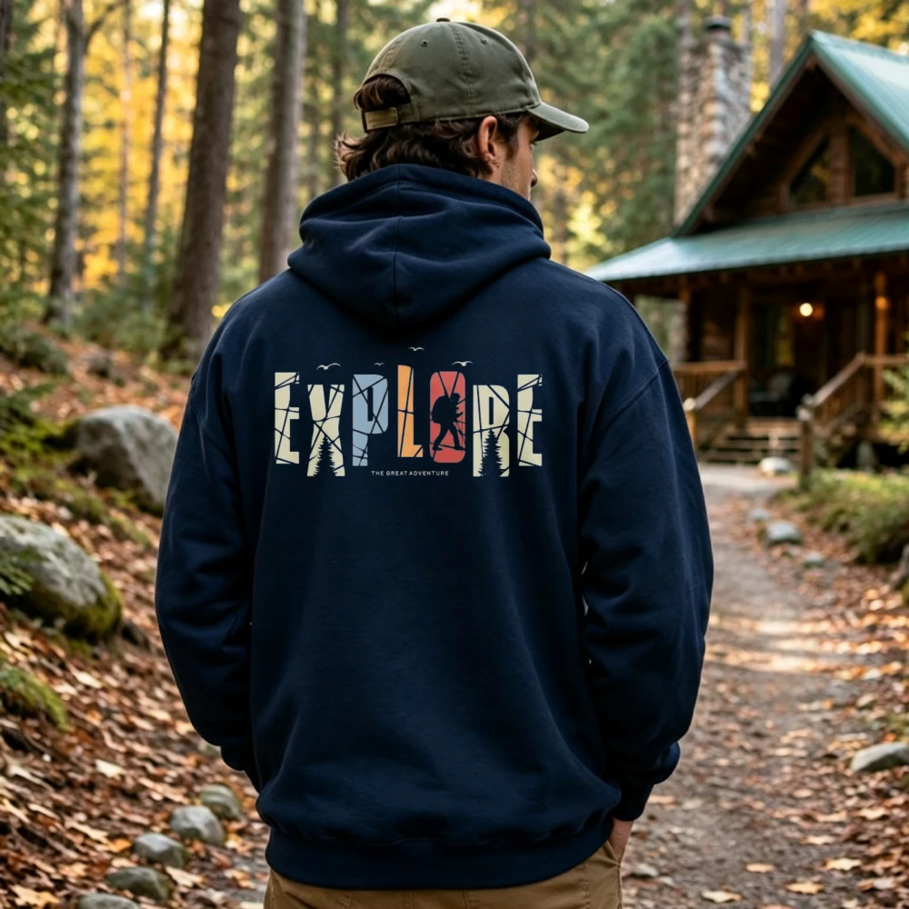 Explore Hiker Silhouette Retro Letter Graphic Hoodie Front Sweatshirt Outdoor Adventure Wilderness Camping Hiking Casual Hooded