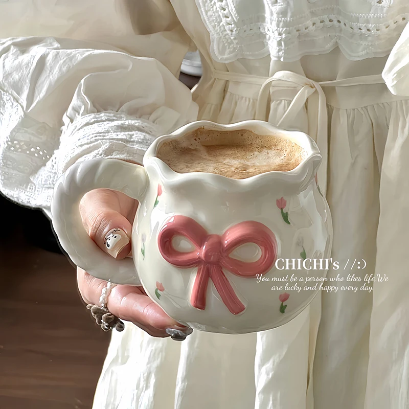 French Embossed Bow Ceramic Mug Cute Bowknot Household Water Cups Office Coffee Cup Sweet Birthday Gift Daily Drinkware