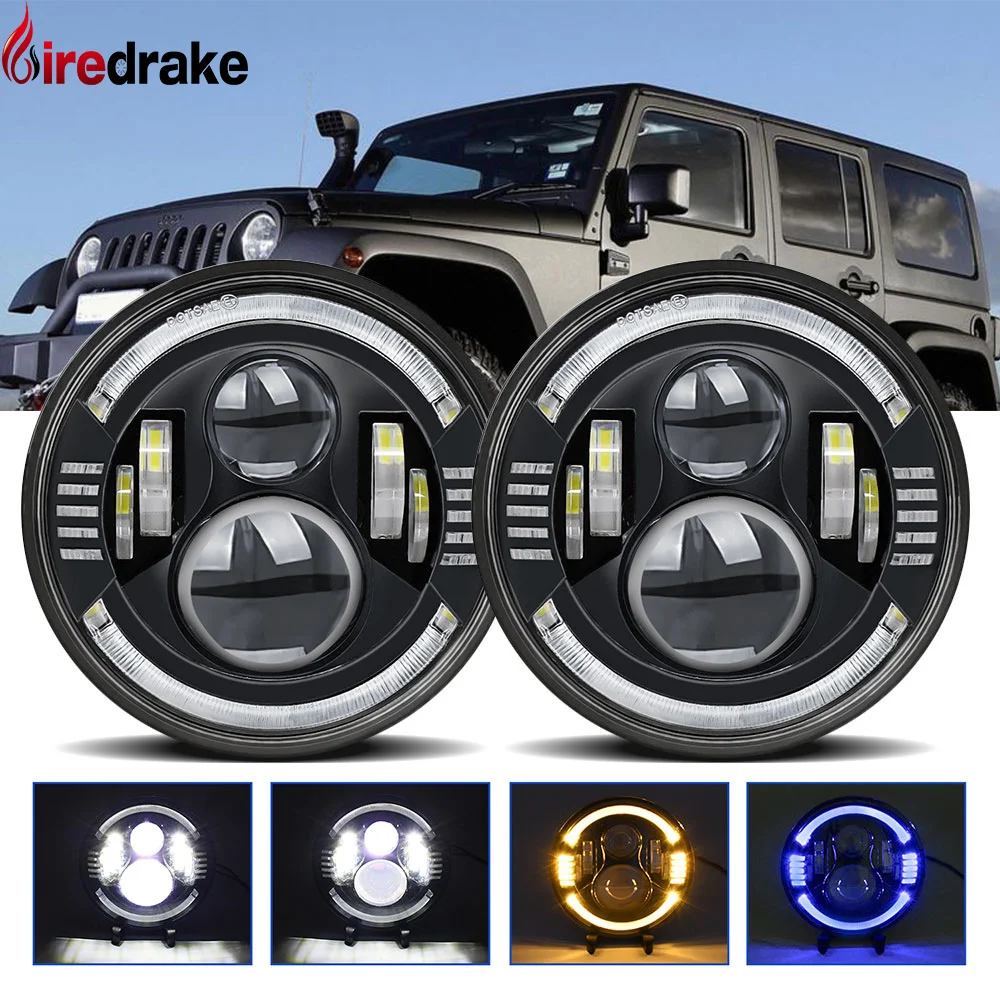 7 Inch Car Round Headlights Super Bright 200W 20000LM For JEEP Wrangler Off-road Headlights Yellow Blue Lights Headlamp 6000K