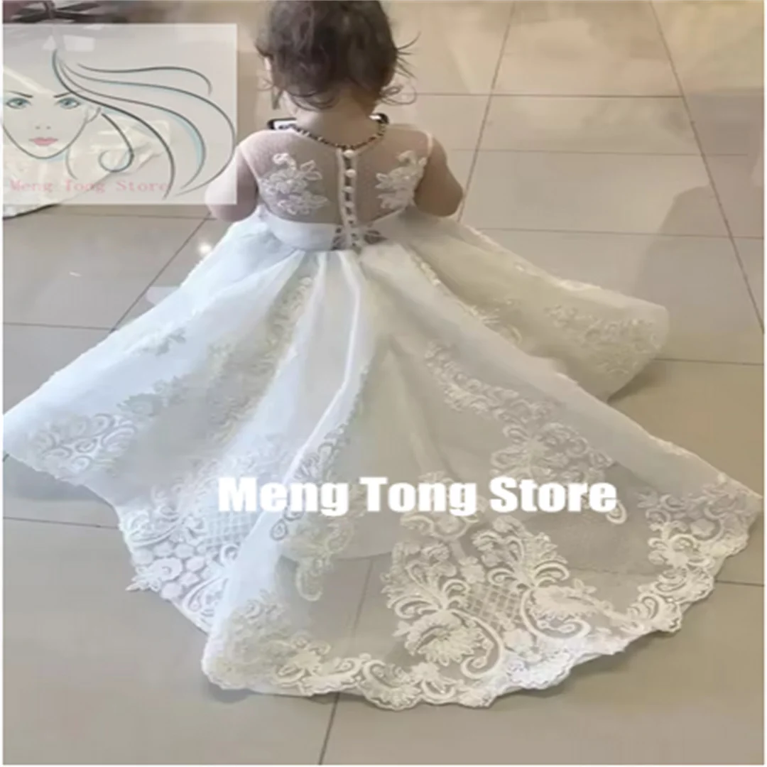 Gaun Gadis Bunga Renda Pernikahan Kustom untuk Gaun Pesta Ulang Tahun Anak Komuni Pertama Putri Applique