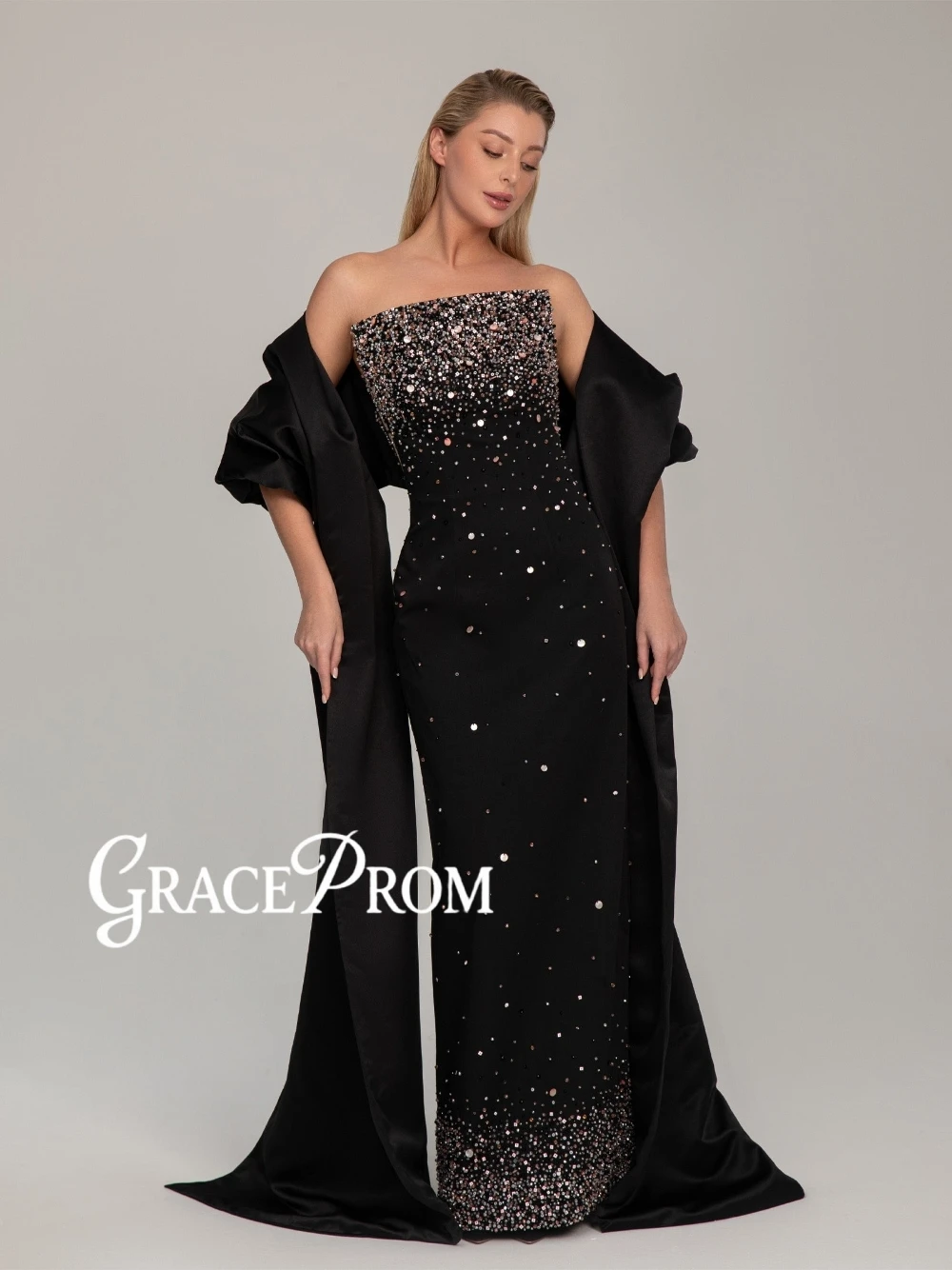 

Элегантное вечернее платье GRACEPROM класса люкс с черными бусинами, без бретелек, прямого кроя, на заказ, с накидкой, для торжественных мероприятий