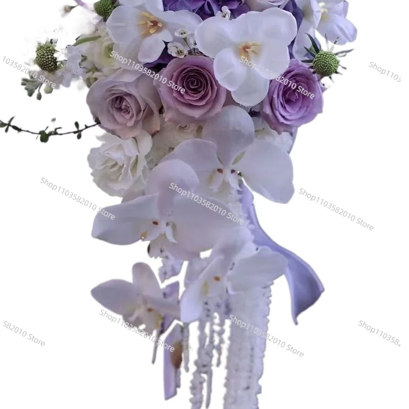 Premium purple waterfall simulation flower wedding bride water drop hand bouquet wedding photography hand bouquet certificate bo