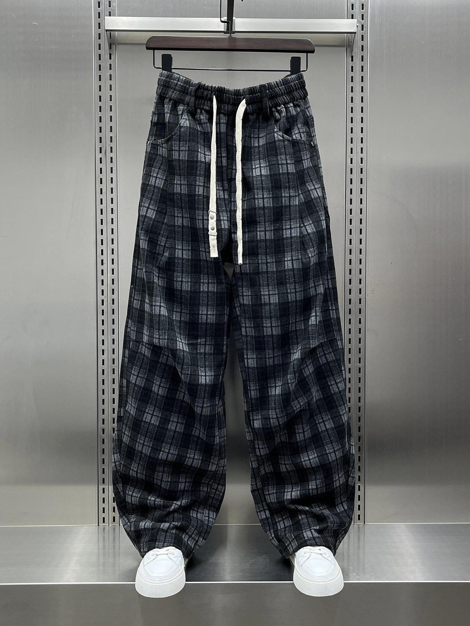 

Trendy Plaid Fce Lined Straight Leg Men's Casual Pants Loose American Sle Wide Leg Trousers Comfortable Warm Winter Faion