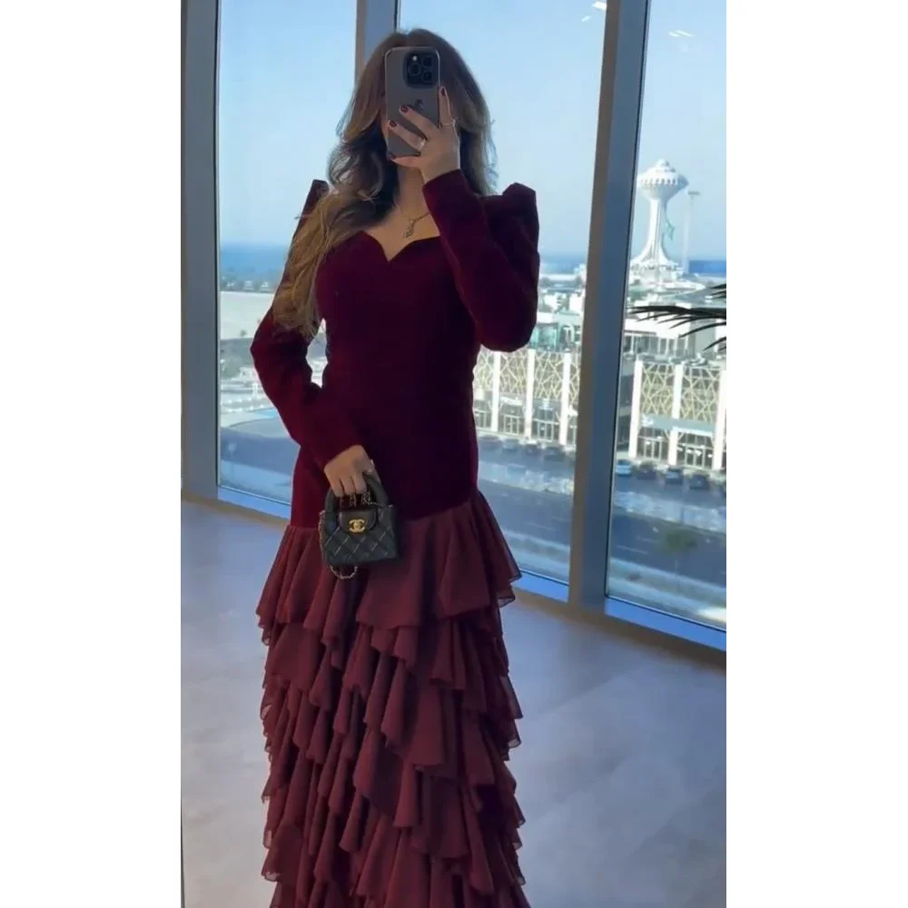 

Burgundy Evening Dress Customized Sweetheart Long Sleeves Evening Gowns Pleat Tiered A-line Floor-Length Formal Party Dresses