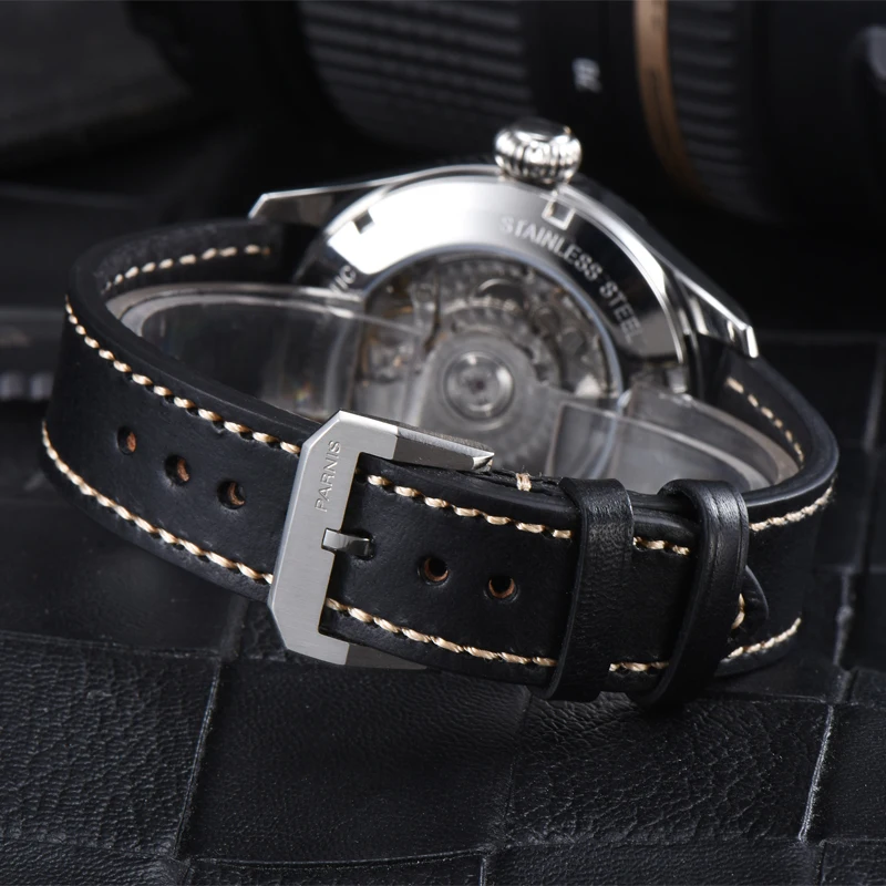 Fashion Parnis 45mm Black Dial Automatic Watch Man Power Reserve Mechanical Watches Leather Waterproof Watch Men relojes Hombre