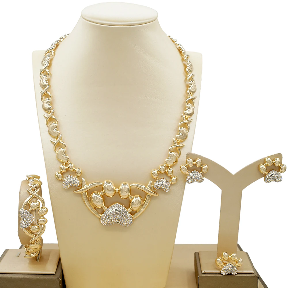 

Gold Plated Jewelry Set for Women Heart Shape Pendant Necklace with Rhinestone Bear Paw Earrings Ring Party Wedding Accessories
