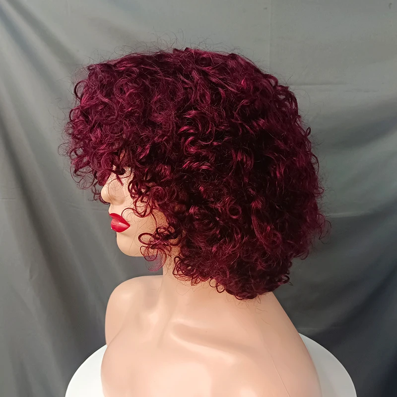 Borgonha curto Bob peruca com Franja, Full Machine Made, onda de água, Remy cabelo humano, 99J Bouncy