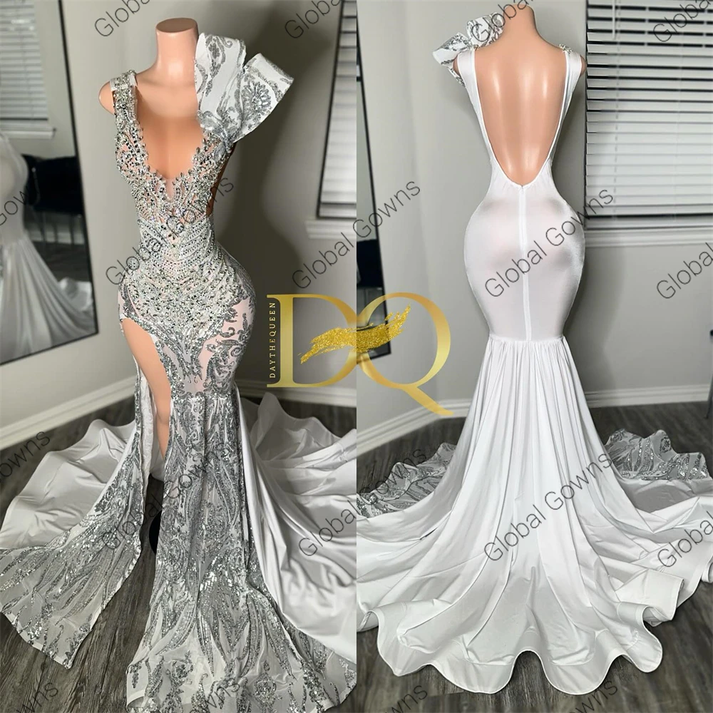 Silver O Neck Long Prom Dress For Black Girls 2024 Beaded Crystal Sequin Birthday Party Dresses Ruffles High Slit Customized