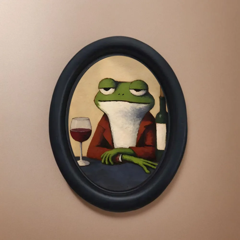 1 Piece of Vintage Frog Drinking Red Wine Black Oval Frame Wall Art, Wall Decoration with the Element of a Proud Gentleman Frog and Wine Glass, Fun Wall Hanging for Bars and Restaurants, Gift for Frog Enthusiasts