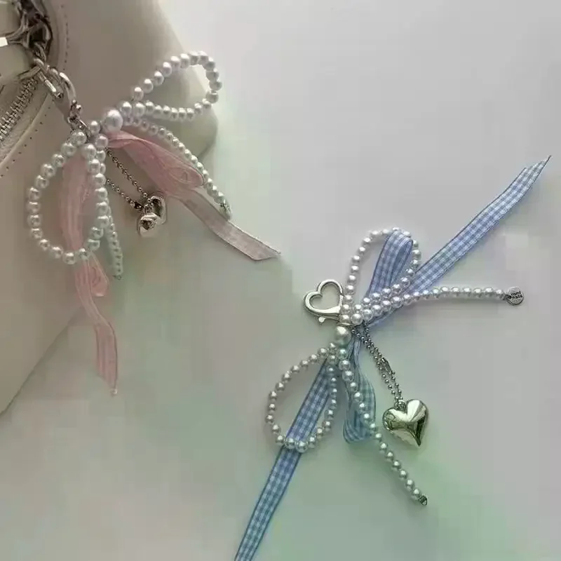 Women’s Designer Bow Keychain-Style Pearl Mobile Charm, Bag Accessory
