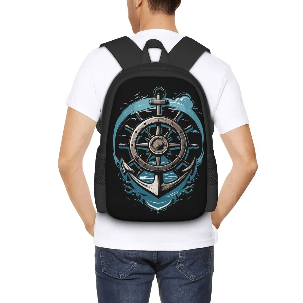 Sailboat Captain Design Anchor Steering Wheel Backpack Hot Sale Daypack BookBag School Bag Shoulder Bags for Men Women