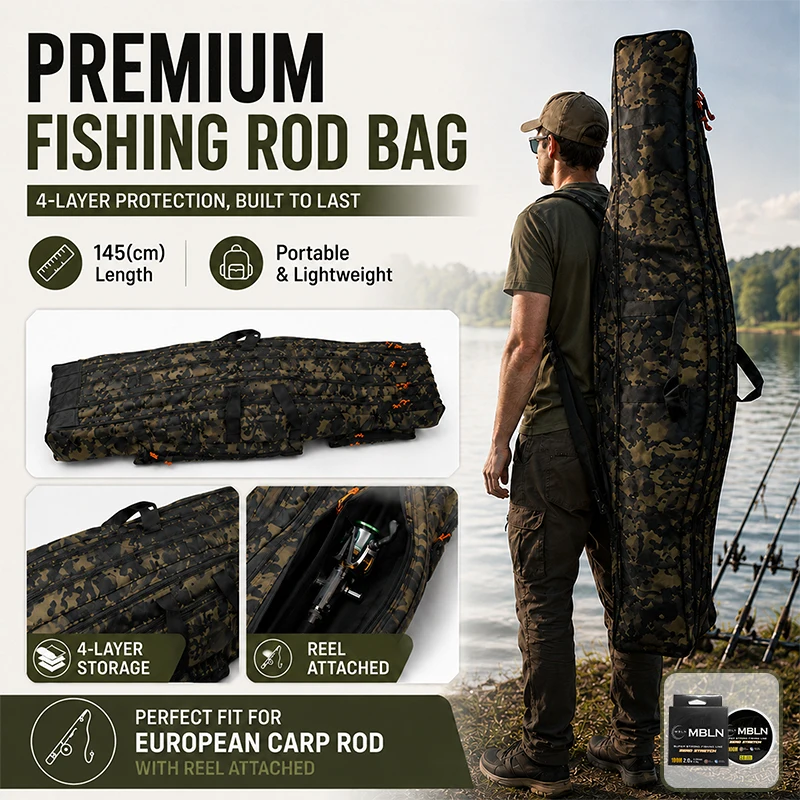 145cm 4-Layer Fishing Rod Bag, Large Capacity Carp Rod Case with Reel Storage, Padded Straps & Water-Resistant Camo