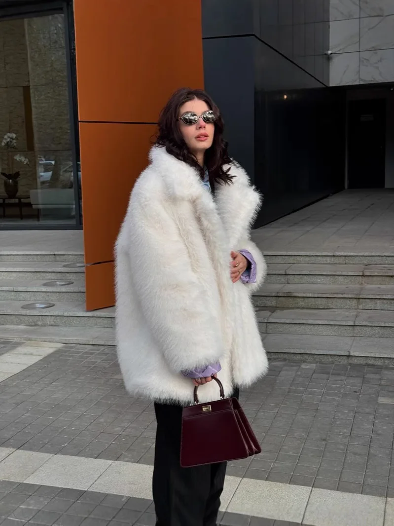 Damski luksusowy płaszcz ze sztucznego futra, gruby, pluszowy, długi płaszcz z imitacji futra, styl lisia, średniej długości, ciepła, codzienna, elegancka kurtka dla kobiet.